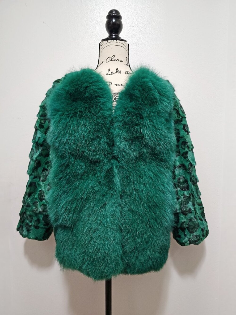 NewReal Mink Fur Coat Striped Mosaic Pieced Emerald Pine Green Leopard Print Fox